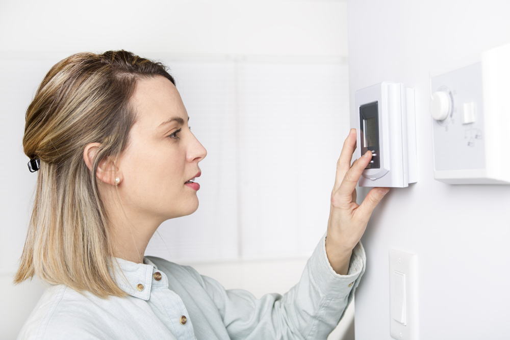 A woman set the thermostat at house.